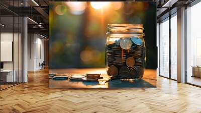 A jar filled with coins on an empty table, representing saving money for future needs. Web banner with copyspace on the right 
 Wall mural